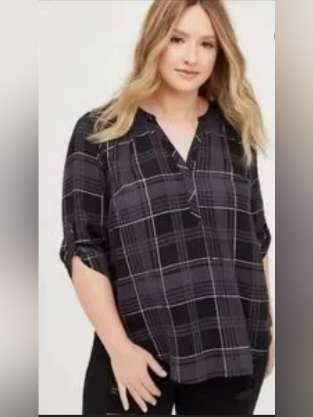 Torrid Harper Black Plaid 3/4Sleeve Size 2 Georgette top